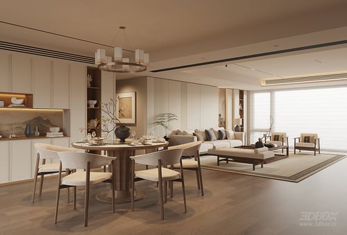 Modern Song Style Living and Dining Room Interior 3D model