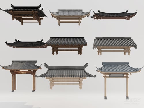 Traditional Chinese Roof Eave Facade Elements Set 3D model