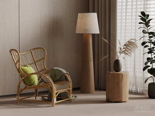 New Chinese Style Rattan Armchair with Floor Lamp and Side Table 3D model