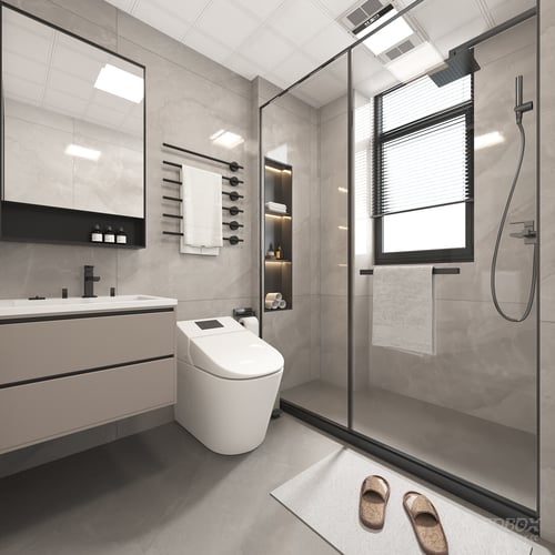 Modern Minimalist Bathroom Scene with Smart Toilet and Shower Enclosure 3D model
