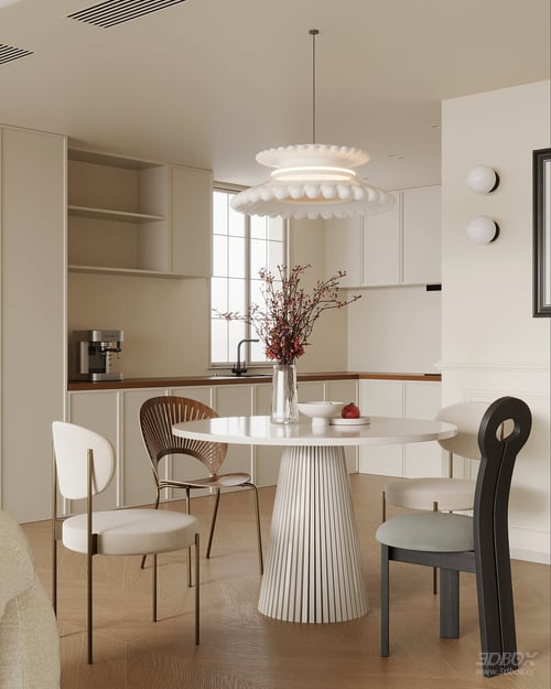 French Cream Style Kitchen Dining Room Interior Scene 3D model