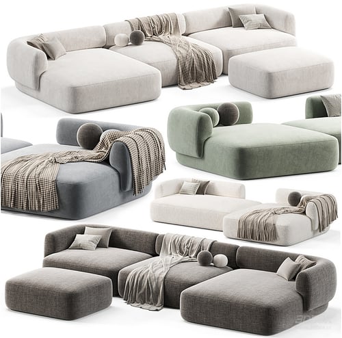 Modular Sectional Fabric Sofa Set with Ottoman and Pillows 3D model