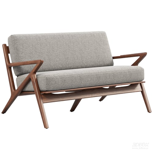 Mid Century Modern 2-seater Loveseat with Walnut Wood Frame 3D model
