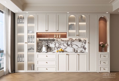 French Style Luxury Wine Cabinet Sideboard with Marble Countertop 3D model