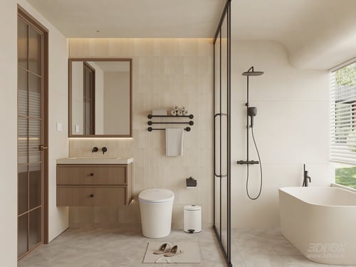 Modern Cream Style Complete Bathroom Scene 3D model