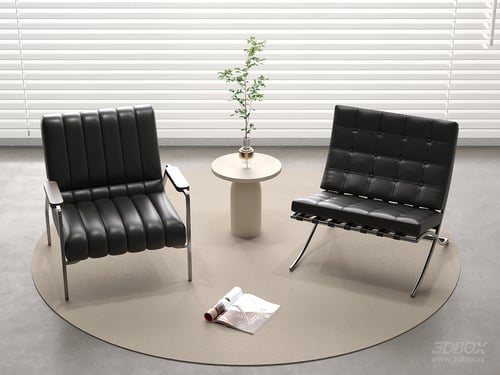 Modern Black Leather Metal Frame Armchair Set with Side Table 3D model