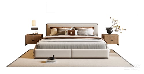 New Chinese Style Fabric Double Bed Set with Nightstands 3D model