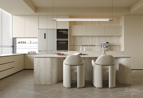 Modern Minimalist Kitchen and Dining Room with Island 3D model