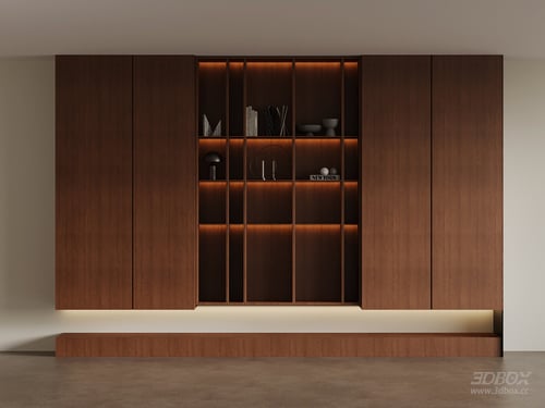 Mid Century Walnut Wood Display Bookshelf with Built-in Lighting 3D model