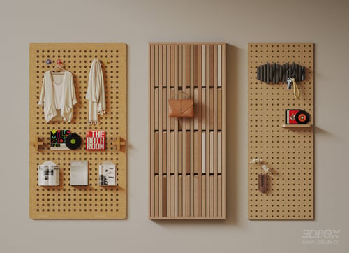 Modern Wooden Pegboard Wall Mounted Storage Rack Set 3D model