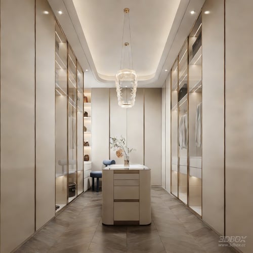 Modern Luxury Walk-in Dressing Room with Glass Wardrobe 3D model