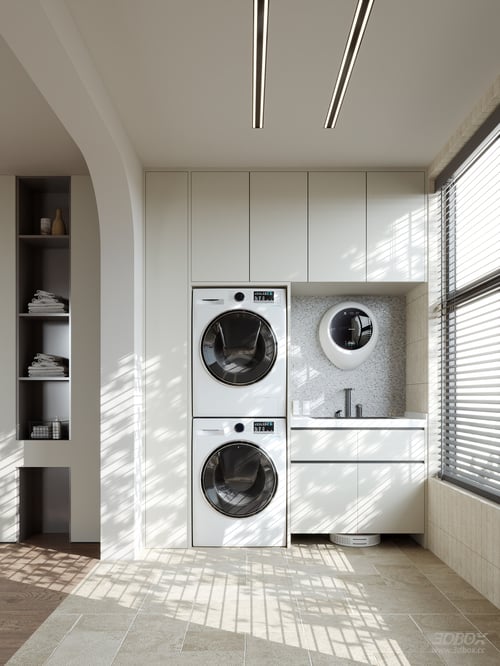 Modern Minimalist Laundry Balcony Scene with Stacked Washers 3D model