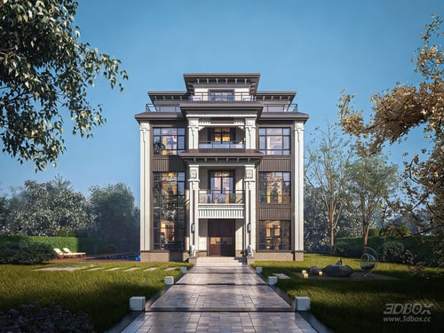 New Chinese Style Detached Villa Exterior Scene 3D model