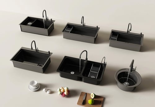 Modern Black Kitchen Sink Set with Faucets 3D model