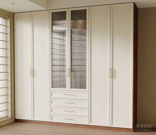 Mid Century Modern Cream White Built-in Wardrobe 3D model