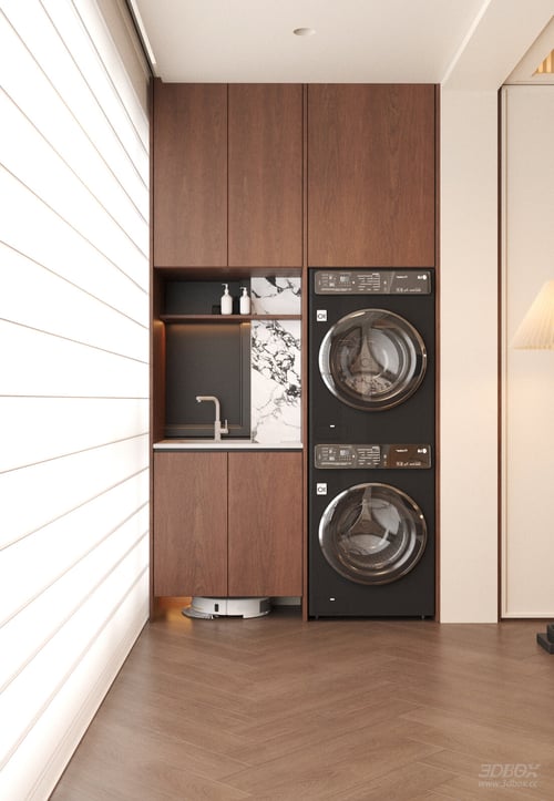 Mid Century Modern Laundry Balcony with Built-in Cabinet and Washers 3D model