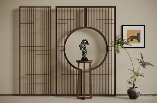 New Chinese Style Wooden Partition Screen Decor Set 3D model