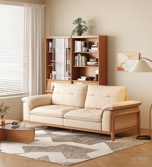 Nordic Solid Wood Fabric Sofa Set Living Room Scene 3D model