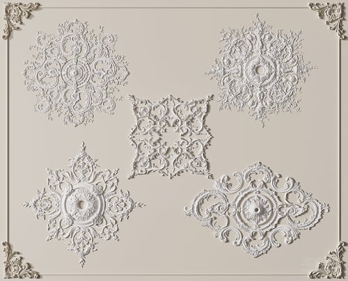 French Style Ornate Gypsum Decorative Plaster Ceiling Rosette Set 3D model