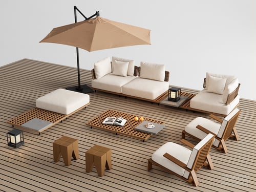 Modern Outdoor Patio Sofa Lounge Set with Teak Wood and Parasol 3D model