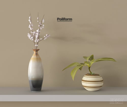 Mid-century Modern Ceramic Vase Set with Floral and Plant Decor 3D model