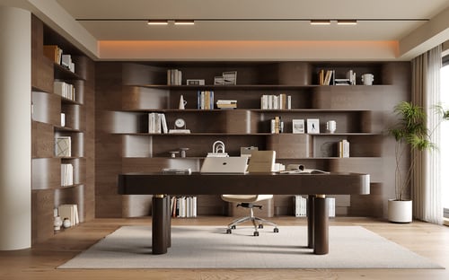 Modern Minimalist Wooden Study Room Workspace with Bookshelf 3D model