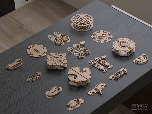 Chinese Style Brass Door and Cabinet Handles Set 3D model
