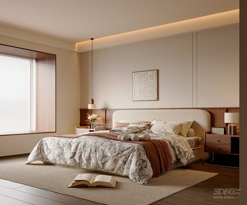 Mid-century modern master bedroom interior scene 3D model