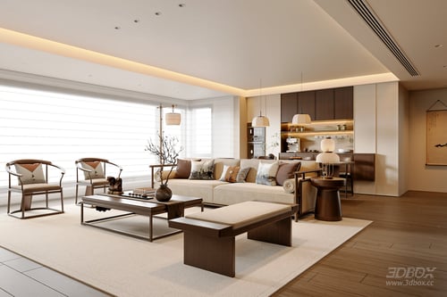 Modern New Chinese Style Living and Dining Room Scene 3D model