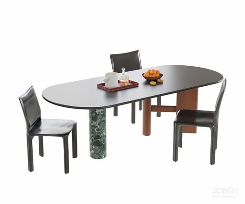 Modern Oval Dining Table and Leather Chairs Set 3D model