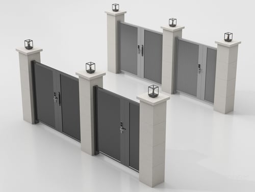 Modern Villa Courtyard Gate Set with Stone Pillars and Outdoor Lamps 3D model