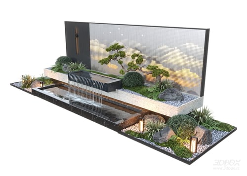 Modern Courtyard Water Feature Wall with Waterfall and Landscape 3D model