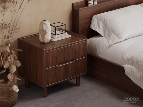 Mid Century Walnut Wood Bedside Nightstand with Drawers 3D model