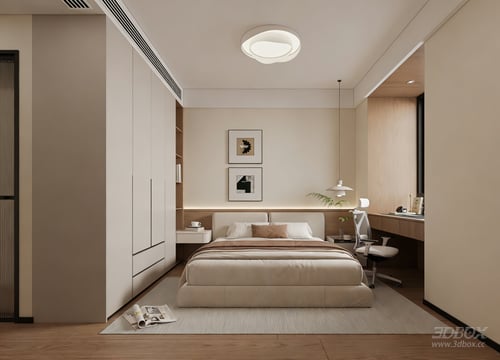 Modern Minimalist Wooden Bedroom with Work Desk 3D model