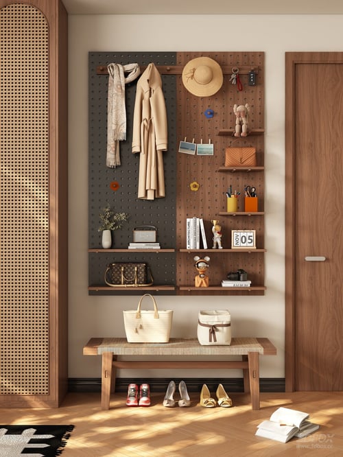Mid-century Entryway Pegboard with Shoe Bench and Decor 3D model