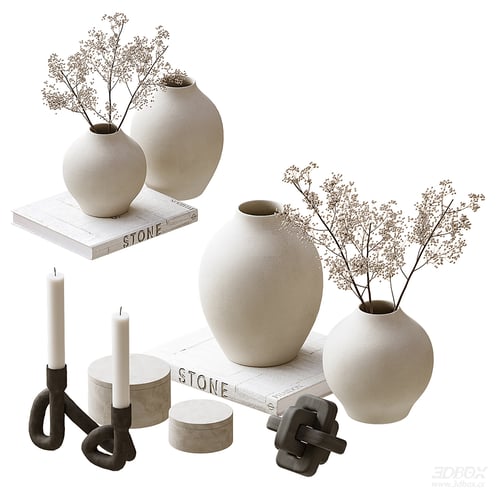 Minimalist Beige Ceramic Vase Decor Set with Dried Flowers and Books 3D model