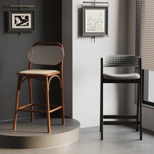 French Mid-century Bar Stool Set 3D model