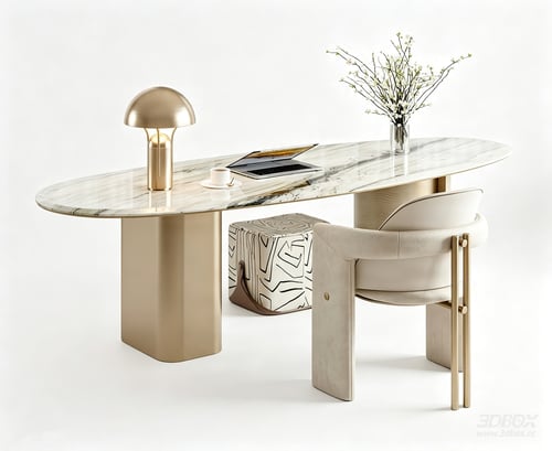 Modern Luxury Marble Desk and Upholstered Chair Set 3D model