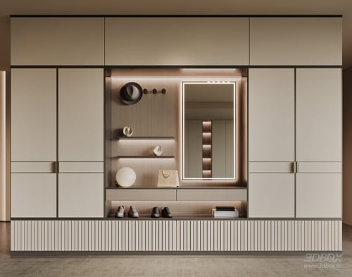 Modern Minimalist Hallway Shoe Cabinet with Mirror and LED Lighting 3D model
