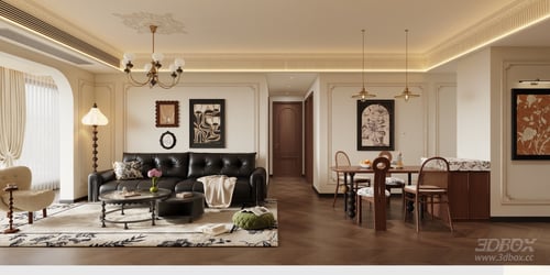 Mid-century French Retro Villa Living and Dining Room Interior 3D model