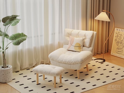 Cream Style Fabric Single Lounge Chair with Ottoman 3D model