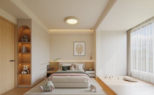 Cream Style Wooden Kids Bedroom Interior Scene 3D model