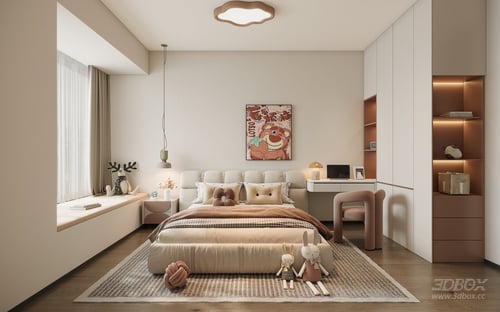Modern Cream Style Girl Kids Bedroom Interior Scene 3D model