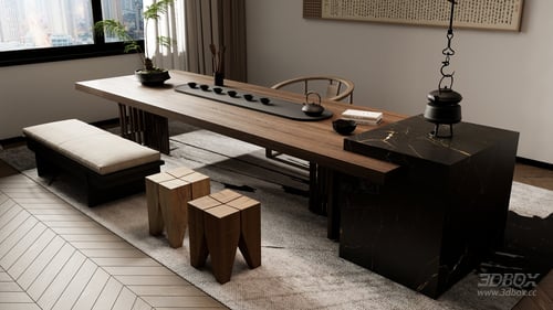 New Chinese Style Tea Room Table and Seating Set 3D model