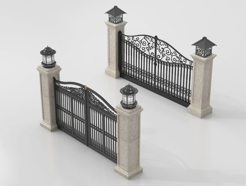 European Wrought Iron Courtyard Gate with Stone Pillars 3D model