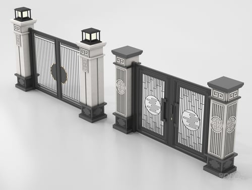 New Chinese Style Villa Courtyard Iron Gate with Stone Pillars 3D model
