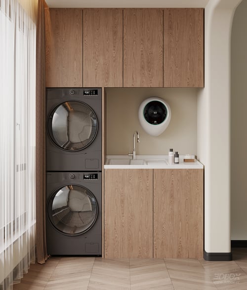 Mid-century Modern Wooden Laundry Cabinet with Washing Machines 3D model