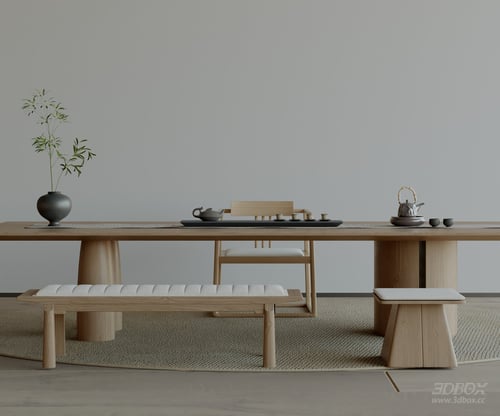 Modern Minimalist Wooden Tea Room Scene 3D model