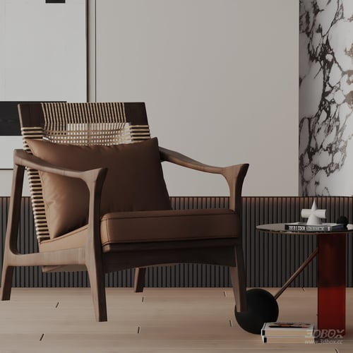 Modern Wooden Leather Armchair with Woven Rattan Back 3D model