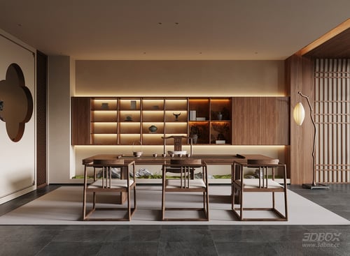 New Chinese Style Zen Tea Room Interior Scene 3D model